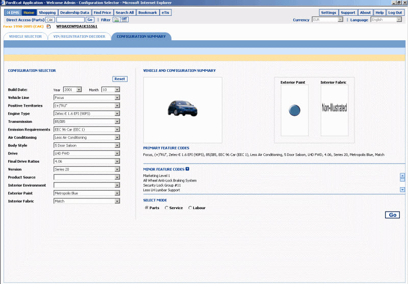 Выбор запчасти с определением оригинального номера в электронном каталоге запчастей Ford ECAT
